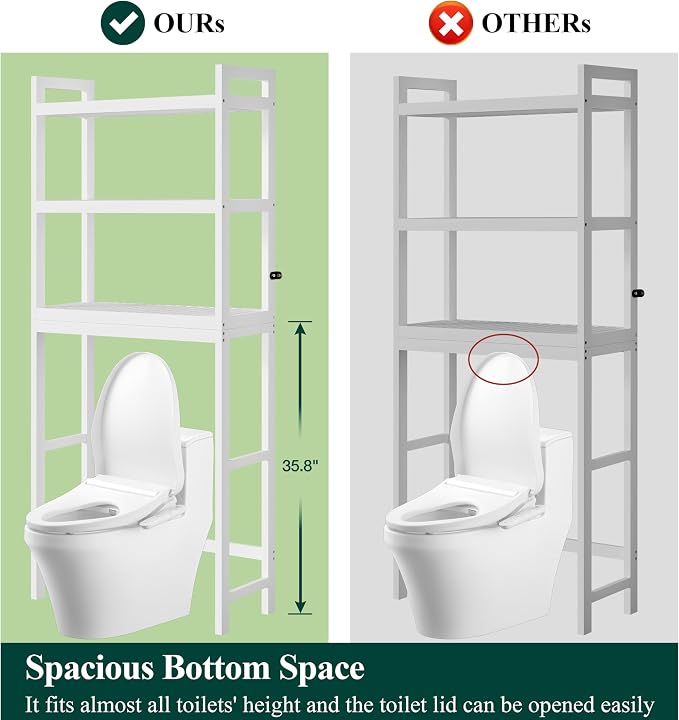 Smiry Bamboo Over The Toilet Storage Cabinet, 3 Tier, White | Wooden Bathroom Organizers with Adjustable Shelf & 4 Hooks, Space Saving Shelf Rack for Bathrooms, Laundry Room, Balcony
