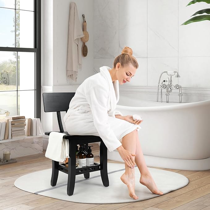 Bamboo Shower Chair for Inside Shower Elderly Disabled, Black | Two-Tier Shower Bench with Storage Shelf, Soap Dish, Shower Head Holder, Watrerproof Shower Seat for Adults Pregnant