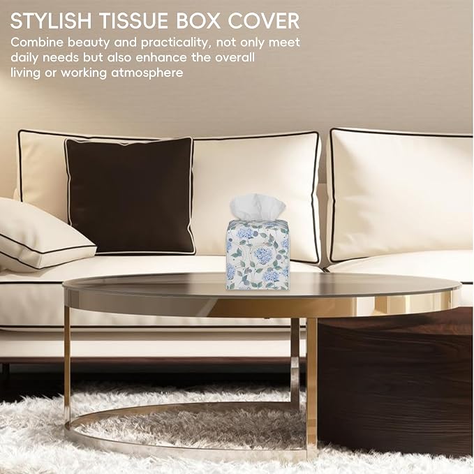 Contemporary Floral Tissue Box Cover Holder Cube Facial Paper Organizer Dispenser, Abstract Hydrangea Flower, Square, PVC Leather, 5.2"L x 5.2"W x 5.2"H