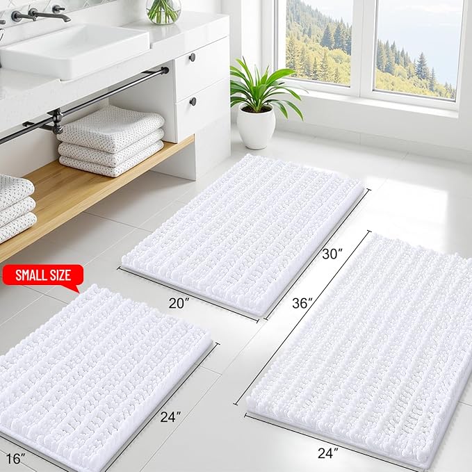 Smiry Bathroom Rugs 24X16, Extra Soft Rubber Backing Chenille Bath Mats | White Machine Washable Non Slip Quick Dry Bath Mats for Bathroom Floor, Tub, Shower, Home Decor Accessories