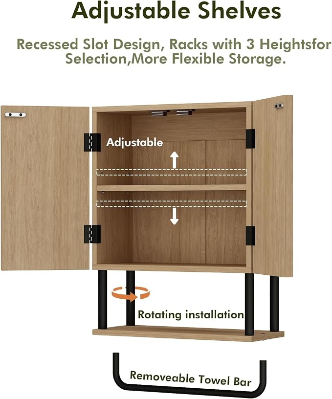 RUSTOWN Fluted Bathroom Wall Cabinet with 2 Doors, 3-Tier Medicine Cabinet | Modern Farmhouse Wall Mounted Cabinets, Over The Toilet Storage Cabinet, Adjustable Shelf and Towel Bar, Small
