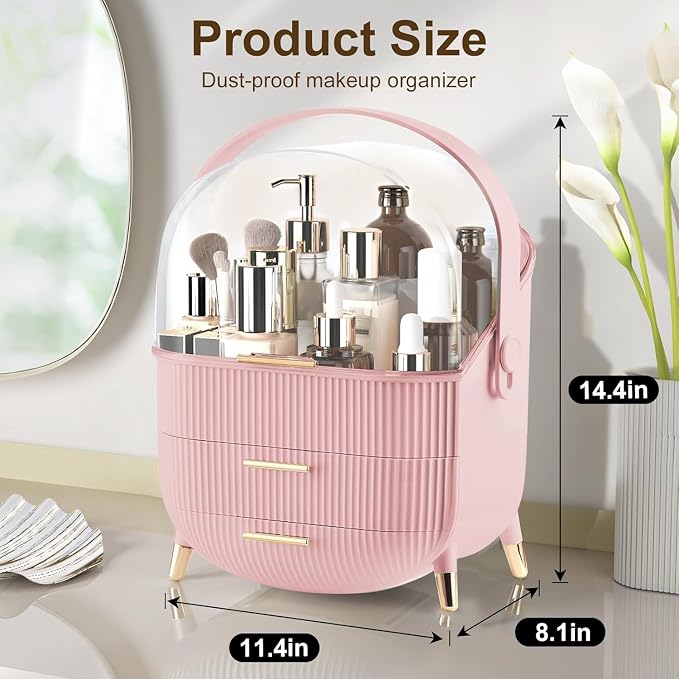 Makeup Organizer for Vanity, Large Capacity Skincare Organizer Countertop | Cosmetics Organizer with 2 Drawes, Cosmetic Display Cases Makeup Storage Box for Bedroom, Bathroom, Gifts for Women(Pink)