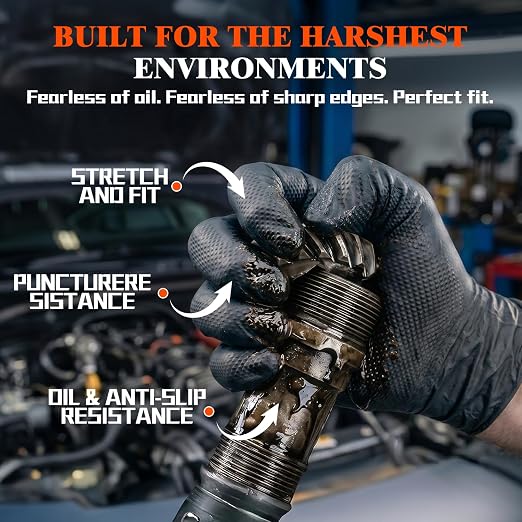 10 Mil Heavy Duty Mechanic Nitrile Gloves, Medium Black 200 Count | Diamond Grip,Latex Free,Chemical Resistant Disposable Thick Rubber Gloves for Auto Repair, Industrial, Food, Work ,BBQ,Men