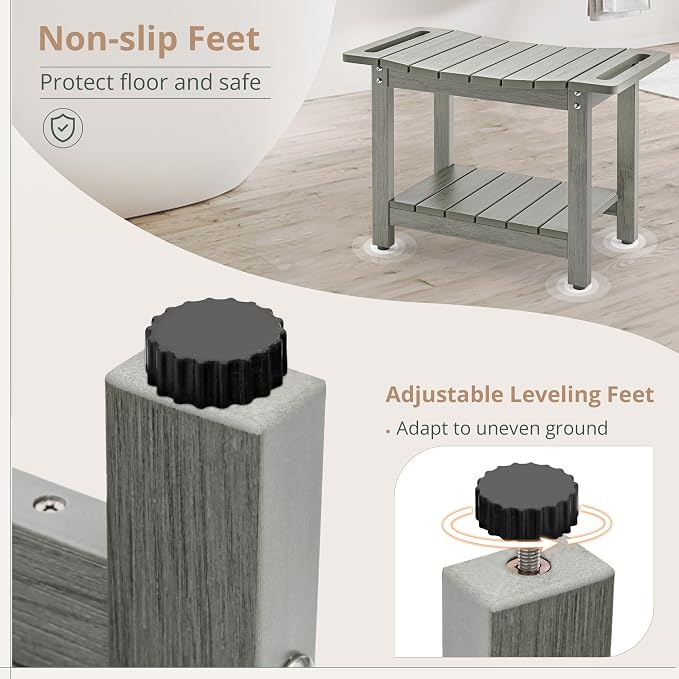 LUE BONA HDPS Shower Bench for Inside Shower, Gray 23.6" Shower Stool for Shaving Legs with Shelf, Waterproof Shower Chair Seat for Bathroom, Weather Resistant/Non-Slip/Handles/Indoor or Outdoor Use