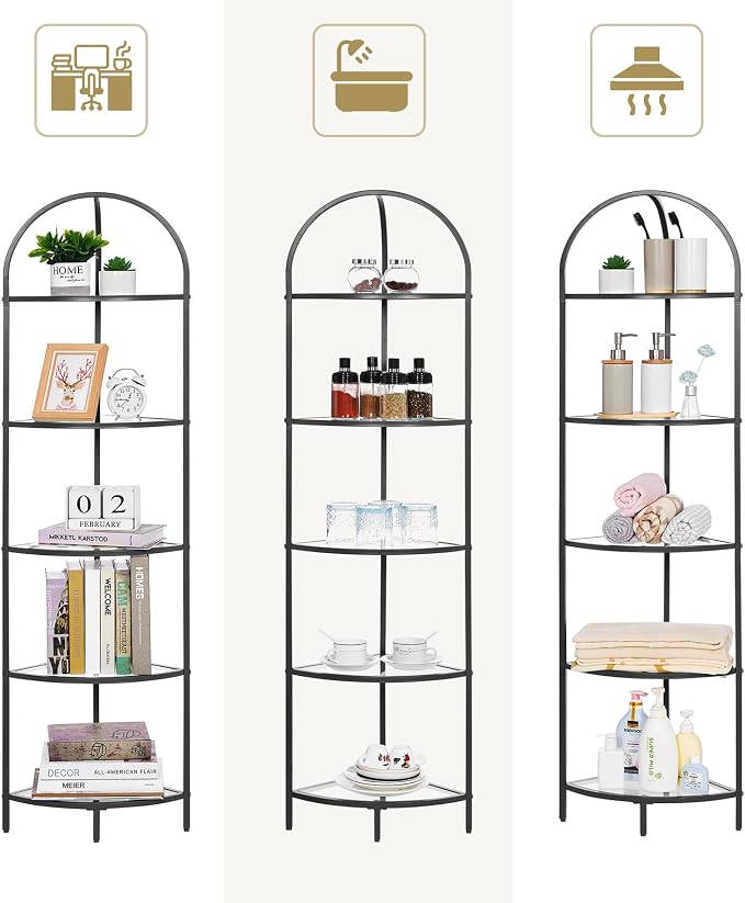 Homhedy 5-Tier Glass Corner Shelf Stand, Metal Corner Bookshelf | Display Shelf, Tempered Glass Shelves, Plant Stand, Storage Rack Shelf for Bedroom, Living Room, Home, Office, Black