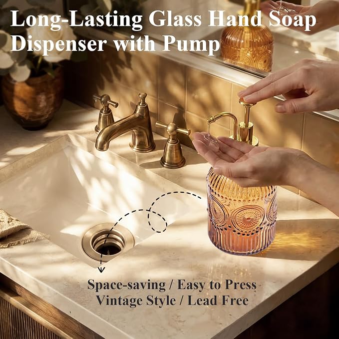Amolliar 12 Oz Glass Soap Dispenser with Plastic Pump,Brown-Golden,2 Pack | Antique Rustic Hand Liquid Bottle for Bathroom/Kitchen, Vintage/Farmhouse/Boho Style, Pump Dispenser, Refillable