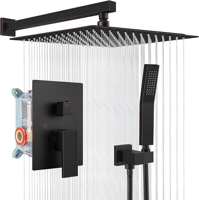gotonovo Shower Faucet Set with Handheld Spray Oil Rubbed Bronze,16'' Head | SUS304 Rainfall Shower Head and Handle Set System Fixture,Pressure Balance Valve Trim Kit,Single Handle,Wall Mount,All Metal