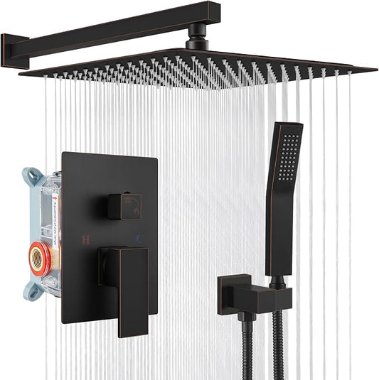 gotonovo Shower Faucet Set with Handheld Spray Oil Rubbed Bronze,16'' Head | SUS304 Rainfall Shower Head and Handle Set System Fixture,Pressure Balance Valve Trim Kit,Single Handle,Wall Mount,All Metal