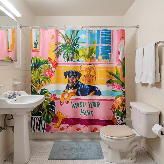Accnicc Funny Dog Shower Curtain Boho Cute Rottweiler Shower Curtains for Bathroom Green Tropical Plants Pink Bathtub Matisse Decorative Unique Waterproof Fabric Bath Curtain Decor 72 X 72 Inches