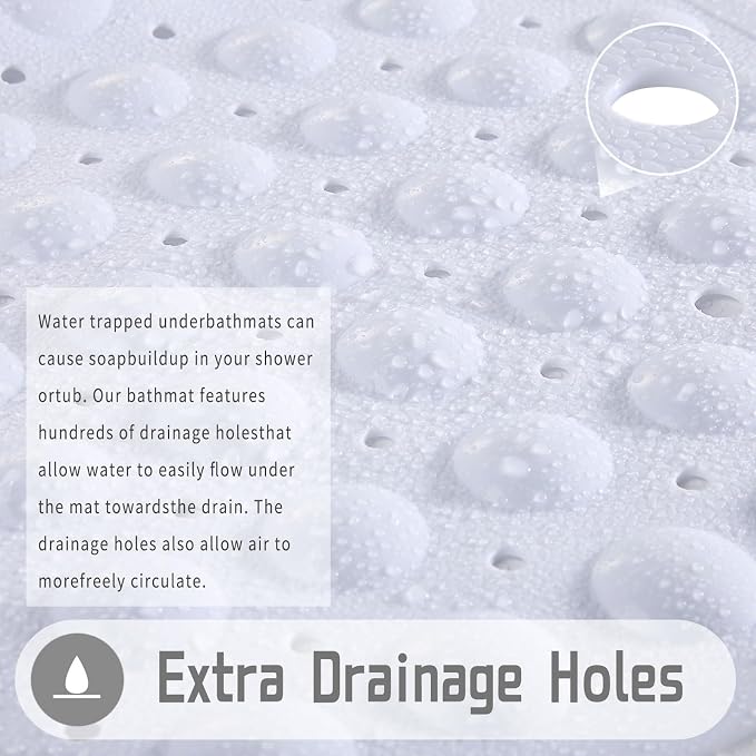 Yimobra Non Slip Bathtub Mat 40 x 16 Inch, Extra Long Shower Mat with Drain Holes, Machine Washable Baby Bath Mats, Strong Suction Cups for Bathroom Floor, Snow