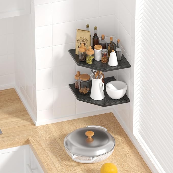 JJL Corner Wall Shelf, Set of 2 Floating Corner Shelf for Wall Storage,Easy-to-Assemble,Wall Mount Corner Shelves for Teen Boy Room Decor,Minimalist Decor(14.76in Black)