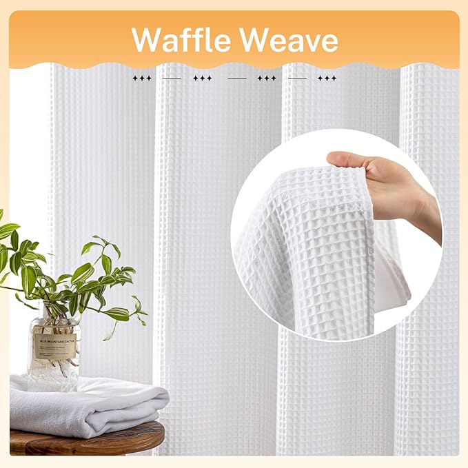 River Dream Cotton Blend Fabric Shower Curtain Set with Liner, White, 54x80 | Waffle Weave, No Hook Needed, with Snap in Replacement Liner, Top Sheer Window, Hotel Quality Fabric for Bathroom