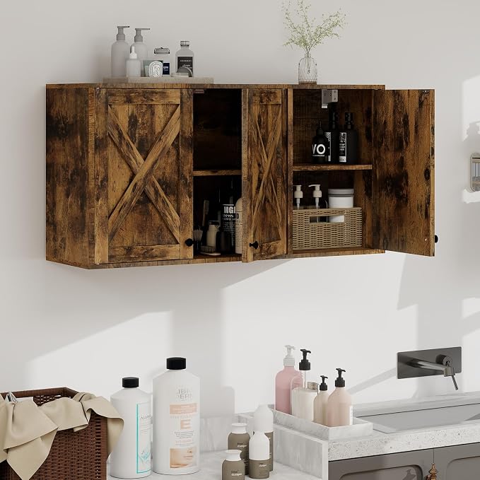 YOURLITE Laundry Cabinet, Medicine Cabinet, Bathroom Kitchen Storage Wall Mounted Farmhouse Organizer with Shelves Over Toilet, 36" Wide, Rustic