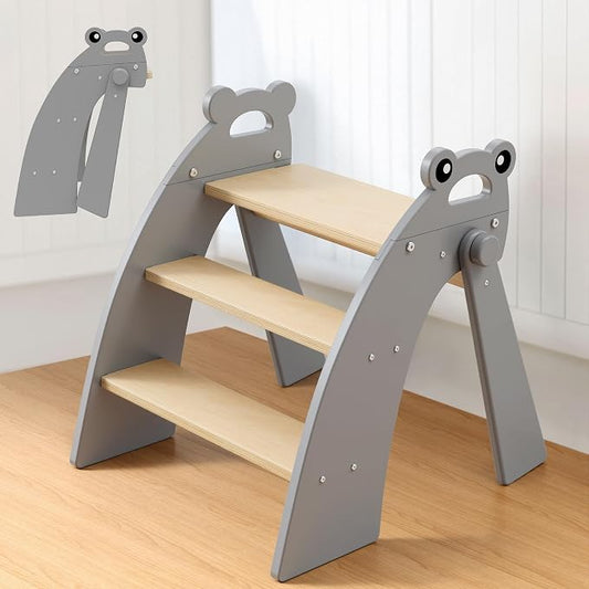Step Stool for Toddlers & Kids, Bathroom Sink, 3 Step Foldable, Gray | Wooden Bamboo, Cute Frog Handles, Non-Slip Pads, Potty Training & Kitchen Helper, 300-lb Capacity, Foldable for Storage