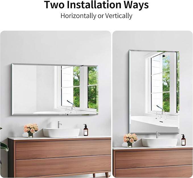 KOCUUY Beveled Mirror, 24x40 Inch Frameless Bathroom Mirror for Over Sink, Upgraded Shatterproof Beveled Unframed Design Mirror for Bathroom, Bedroom, Hang Horizontal/Vertical