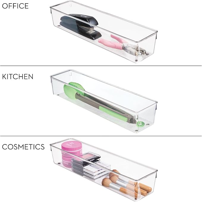 iDesign Plastic Drawer Organizer Bins, Set of 3, Clear | Storage for Kitchen, Storage for Bathroom, Storage for Desk Drawers
