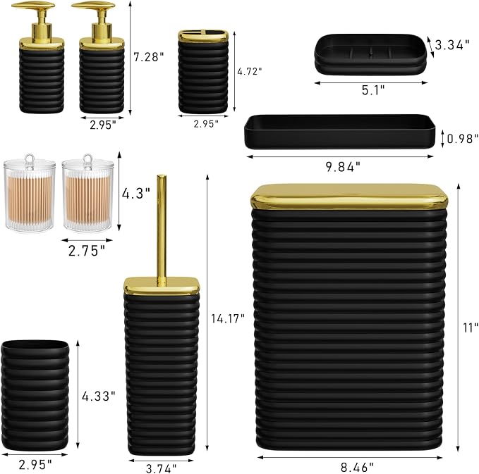 Bathroom Set - 10PC Bathroom Accessory Set, Black Bathroom Set, Luxury Bathroom Accessories Set, Trash Can, Toilet Brush, Soap Dish, Qtip Holder & Soap Dispenser