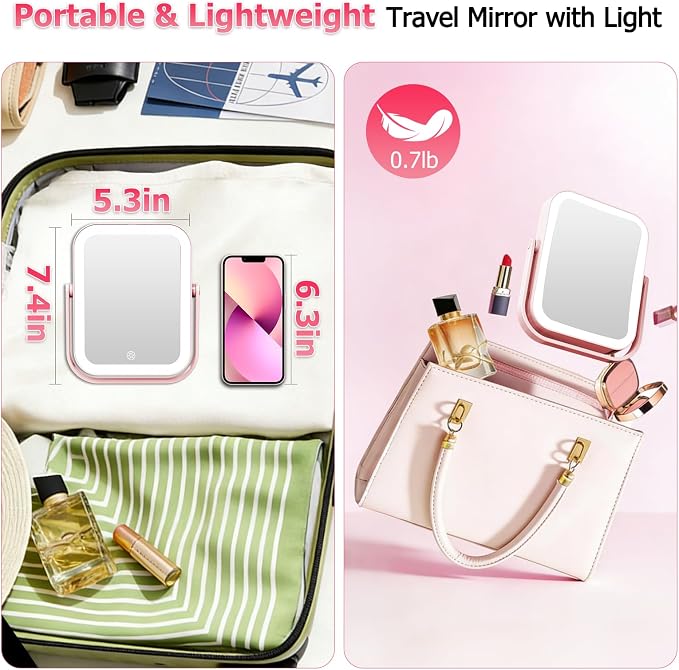 FUNTOUCH 3000mAh Rechargeable Travel Magnifying Mirror with Light, Pink | 2-Sided 30X Magnifying travel makeup mirror with 3-Color Lighting, Dimmable Touch Screen,Compact Vanity Mirror for Women Gift
