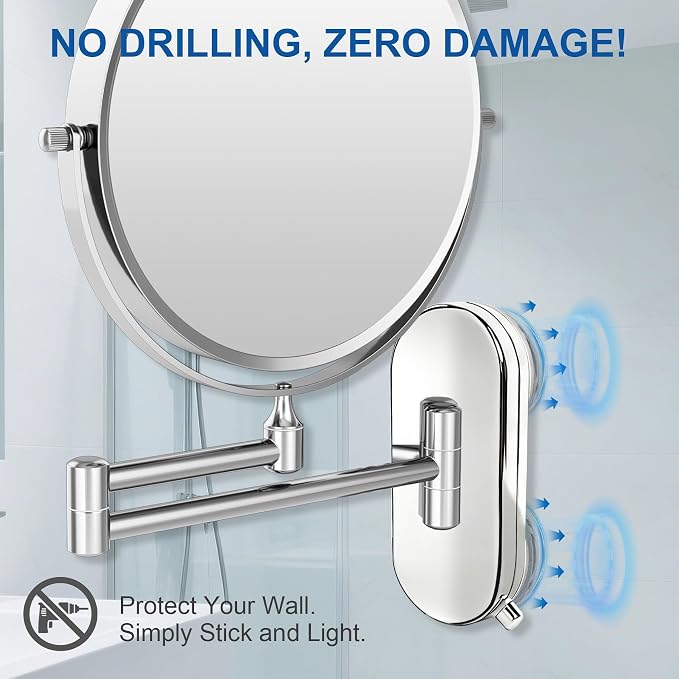 8“ Suction Cup Makeup Mirror Wall Mounted No Drilling, 1X/10X Magnifying Mirror Wall Mounted Makeup Mirror Swing Arm 360° Rotation, Wall Mount Powerful Suction Cup for Bathroom & Shaving Chrome
