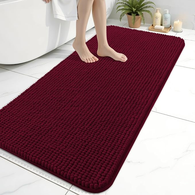 Arotive Chenille Bathroom Rugs 47x24, Soft Absorbent Bath Mat, Burgundy | Rubber Backing, Machine Washable Dry Bath Mats for Bathroom Floor, Tub and Shower, Home Decor Accessories