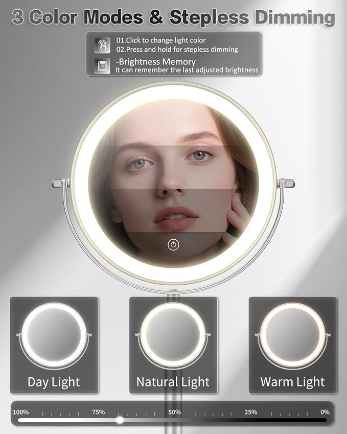 VFD 8'' 30X/1X Magnifying Makeup Mirror with Lights Height Adjustable | Lighted Vanity Mirror with 3 Color Adjustable Brightness, 3000mAh Rechargeable Double Sided Switch for Desk Women Gift