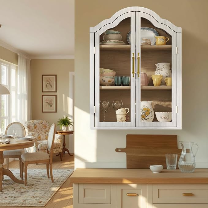 Arched Bathroom Wall Cabinet with Glass Doors, 31.5×23.6" Wall Mounted Display Cabinet with Adjustable Shelves, Hanging Storage Cabinet for Kitchen, Living Room