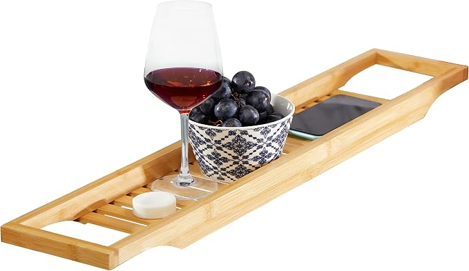 RoyalHouse Bamboo Bath Caddy Tray for Bathtub, Bath Table Tray with Book and Wine Glass Holder, Attractive Design, Suitable for Luxury Spa or Reading, Ideal Gift for Family & Friends