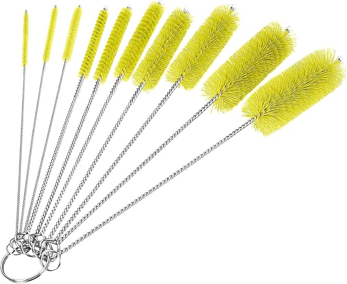 CiaraQ Bottle Cleaning Brushes, 8 Inch Nylon Tube Brush Set | Yellow Cleaner for Narrow Neck Bottles Cups with Hook, Set of 10pcs.