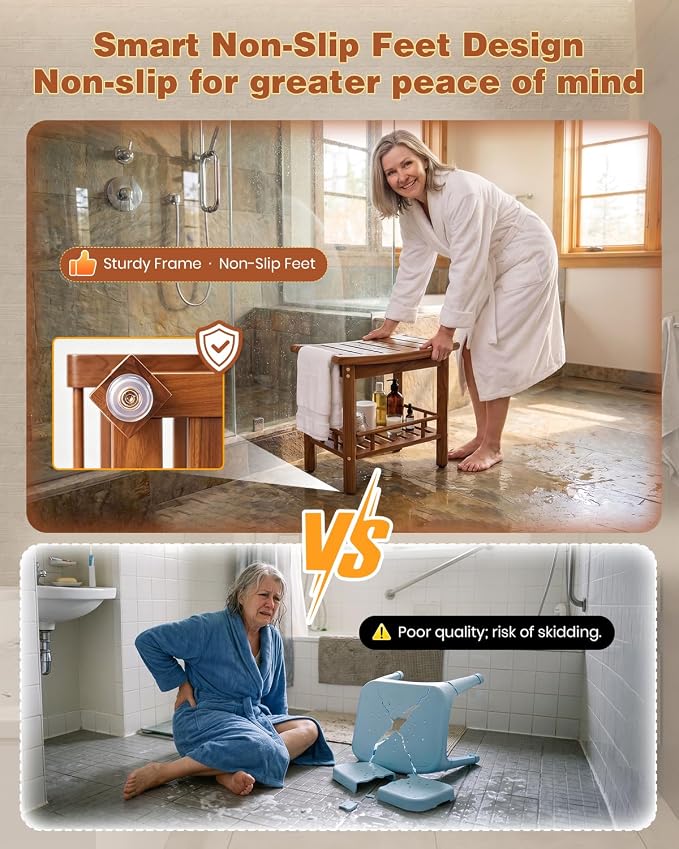 Saker 20inch Teak Shower Bench Wood Shower Stool Waterproof with Shelf | 100% Solid Shower Seat,2-Tier Shelf Non-Slip Feet wooden Shower Chair, 500 lb Capacity for Bathroom, Indoor & Outdoor Use
