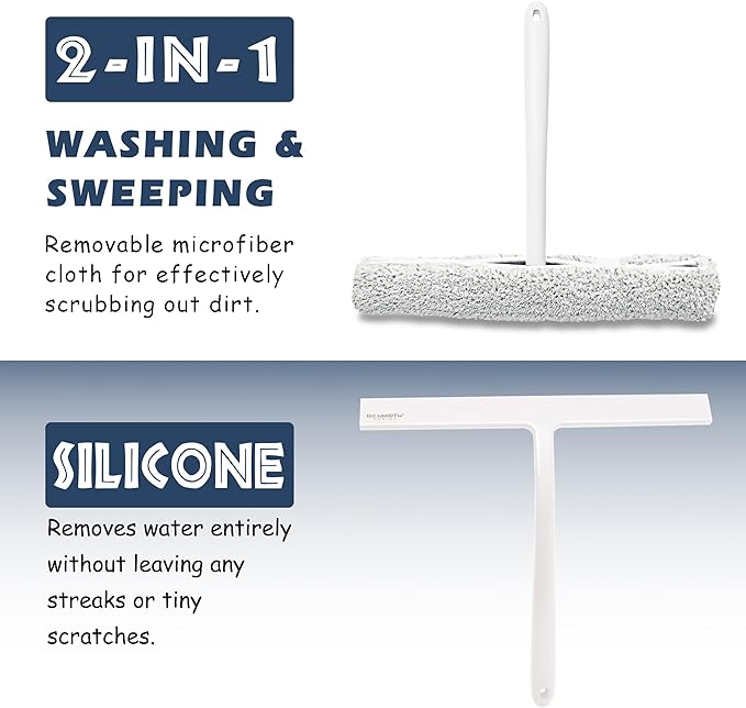 12 Inch Silicone Shower Squeegee for Glass Doors with Microfiber Cloth & Hook, Streak-Free Window Cleaner for Bathroom Mirror Tile Car, No-Scratch Squeegee with Rustproof Metal Core (White)