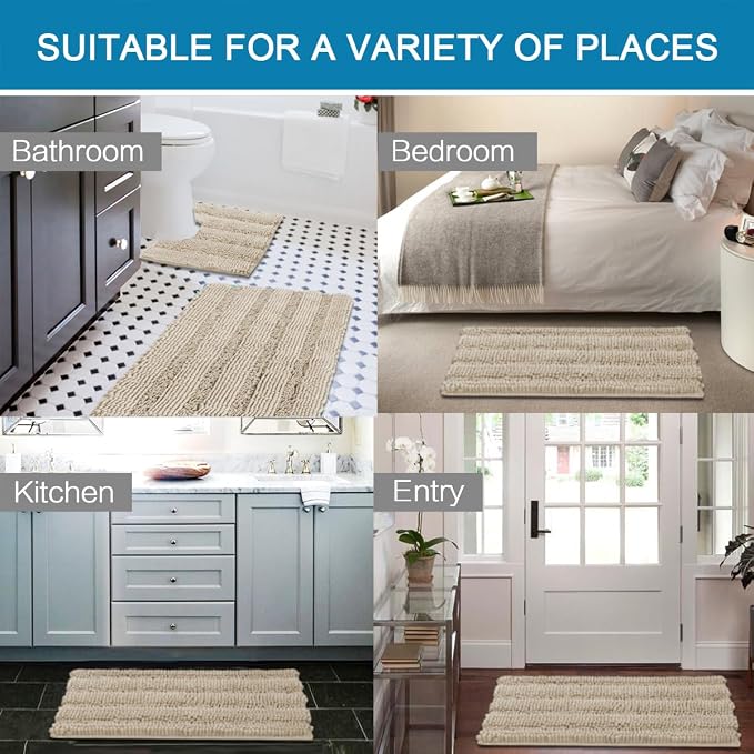 H.VERSAILTEX Bathroom Rug Sets 2 Piece Bath Mats Non Slip Thick Soft Chenille Striped Bath Rug achine Washable Shower Floor Rugs for Tub, Shower and Floor (Fog, 20"x32" Plus 20"x20" U)