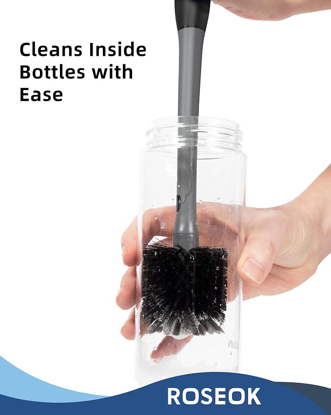 ROSEOK 2 in 1 Bottle Brush with Straw Cleaner Brush, Water Bottle Brush | For Cleaning Glass, Sports Bottle, Coffee Mug, Cup Cleaner, Black, 1 Pack
