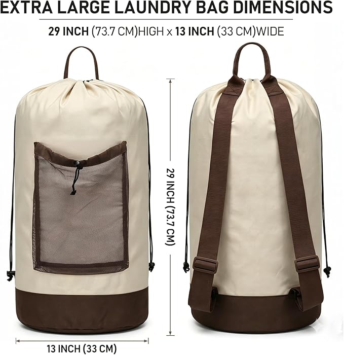 Canvans Laundry Bag Backpack, Large Travel Laundry Bag with Shoulder Straps, Drawstring Closure & Mesh Pocket, Clothes Hamper for Dorm, Travel, Laundromat (Khaki)