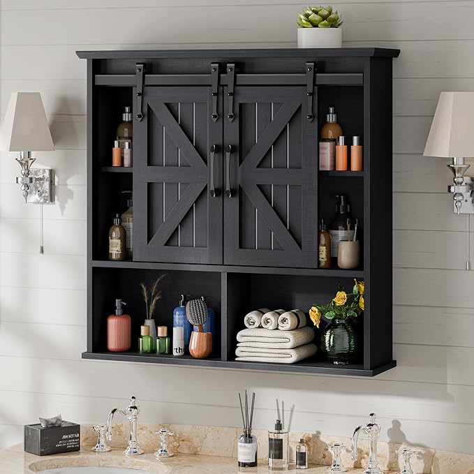 Vabches Bathroom Wall Cabinet, Farmhouse Medicine Cabinet, Black | Wooden Vintage Storage Cabinet Wall Mounted with Double Sliding Barn Door and Adjustable Shelf for Bathroom, Kitchen