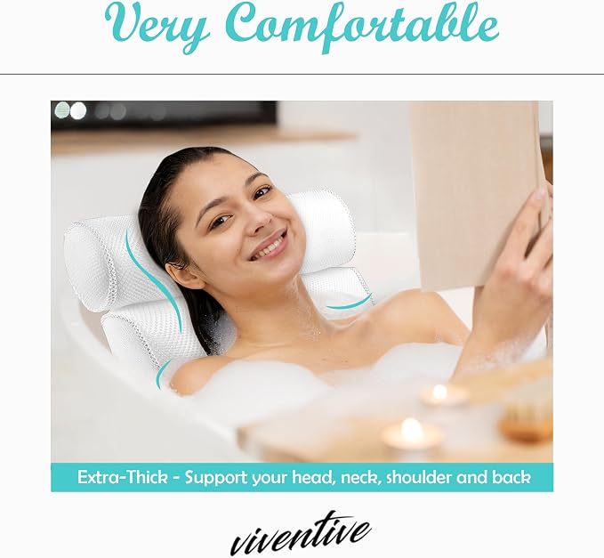 Luxury Bath Pillow for Tub - Non-Slip and Extra-Thick, Head, Neck, Shoulder and Back Support. Soft and Large Comfort Bathtub Pillow Cushion Headrest for Relaxation - Fits Any Tub Made of 3D Mesh