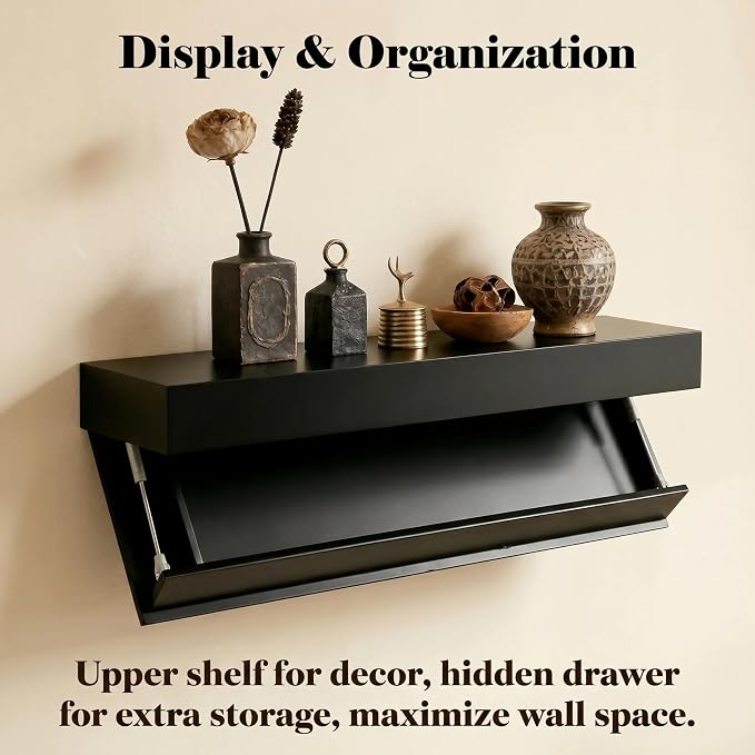Floating Hidden Shelves for Wall with Concealed Storage Drawer, Hidden Shelf Night Stand with Secret Compartment, for Home Office Living Room, Black
