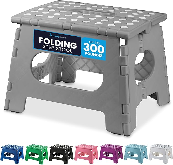 Handy Laundry Folding Step Stool 9 Inch, Grey, Non-Slip Holds 300 lbs | 9 Inch, Grey, Foldable Collapsible Step Stool, Non-Slip, Holds 300 lbs, Kitchen Bathroom Bedroom, Adults