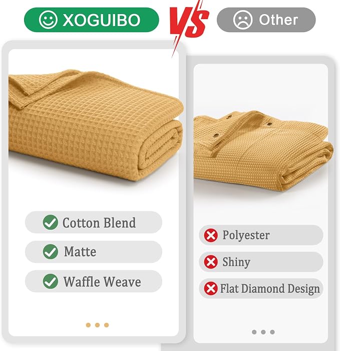 Waffle Weave Shower Curtain Heavyweight Cotton Fabric Gold 72Wx72L | Soft Cotton Cloth,3D Square Truely Waffle Washable, Hotel Luxury Spa, Shower Curtain Set for Bathroom 12 Plastic Hooks