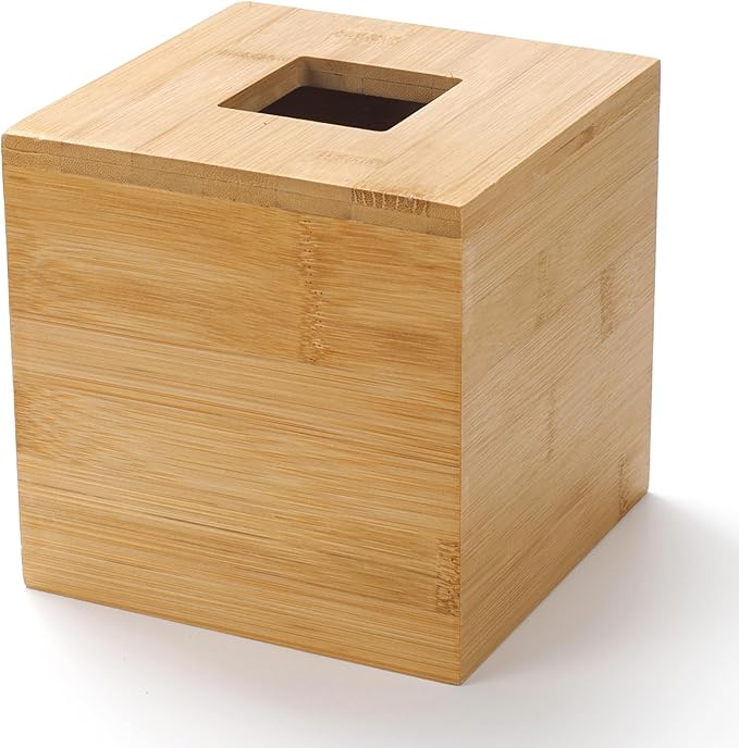 Bamboo Tissue Box Cover, Square Wood Tissue Box Holder, Wooden Facial Paper Holder for Bathroom, Bedroom, Dinner Table, Office (Square - 1 Pack)
