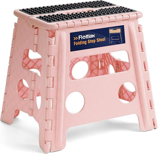 Flottian 13" Folding Step Stool for Adults and Kids Holds Up to 300 lbs,Non-Slip Folding Stools with Handle, Compact Plastic Foldable Step Stool for Bathroom,Bedroom, Kitchen,Sakura Pink,1PC