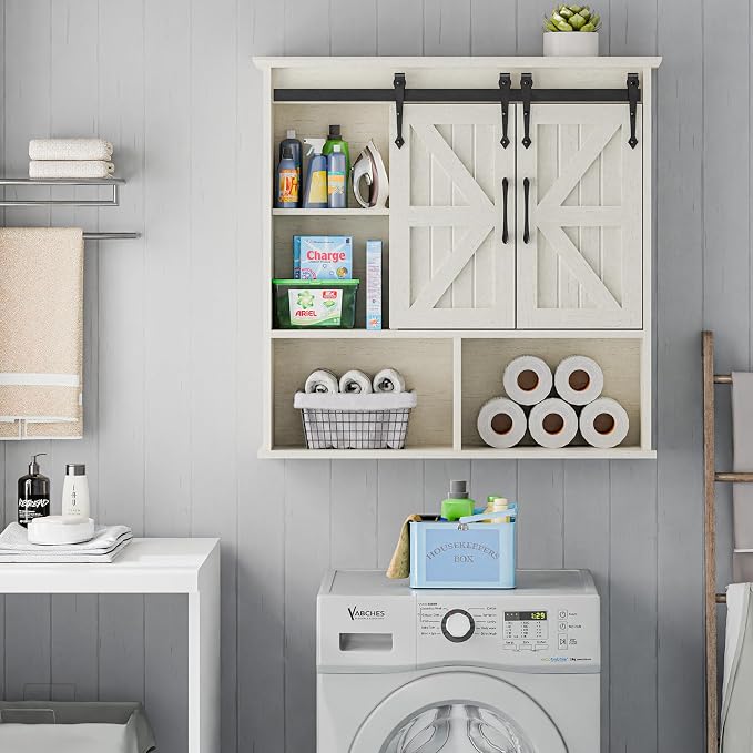 Vabches Bathroom Wall Cabinet, Farmhouse Medicine Cabinet, White | Wooden Vintage Storage Cabinet Wall Mounted with Double Sliding Barn Door and Adjustable Shelf for Bathroom, Kitchen