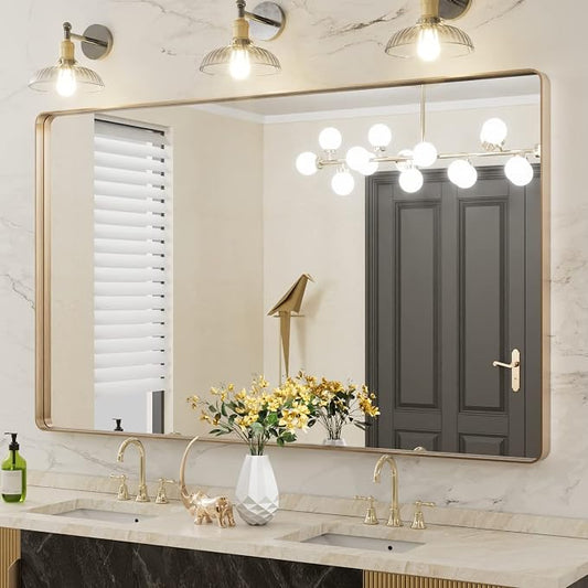 LOAAO 60"X36" Gold Bathroom Mirror | Rounded Rectangle, Brushed Gold Frame, Wall-Mounted, Anti-Rust, Tempered Glass, Hangs Horizontally or Vertically