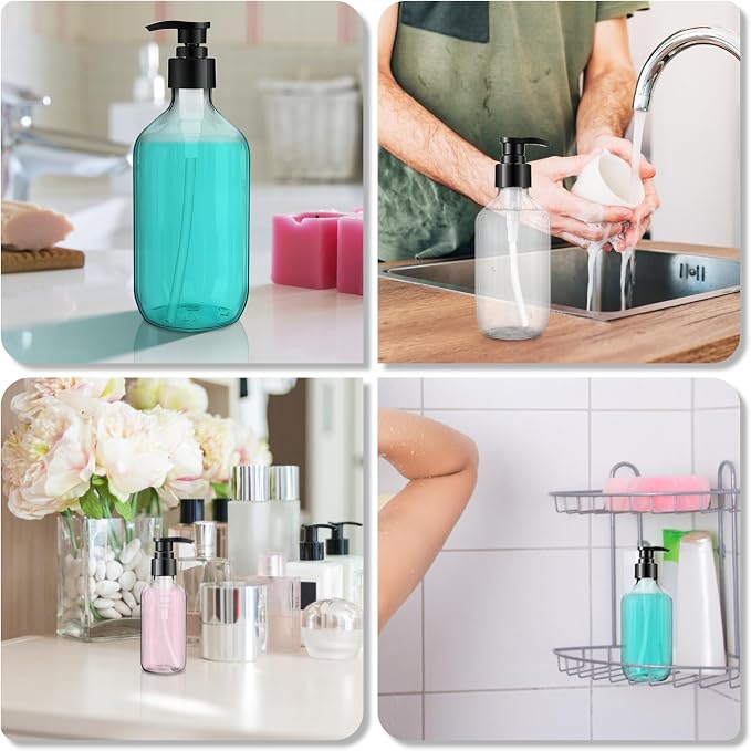 Teyssor Pump Bottle Dispenser Clear 2 Pack 500ml/16.9oz Empty Plastic Liquid Soap Dispensers, BPA-Free Refillable Container for Essential Oil Shampoo Lotion