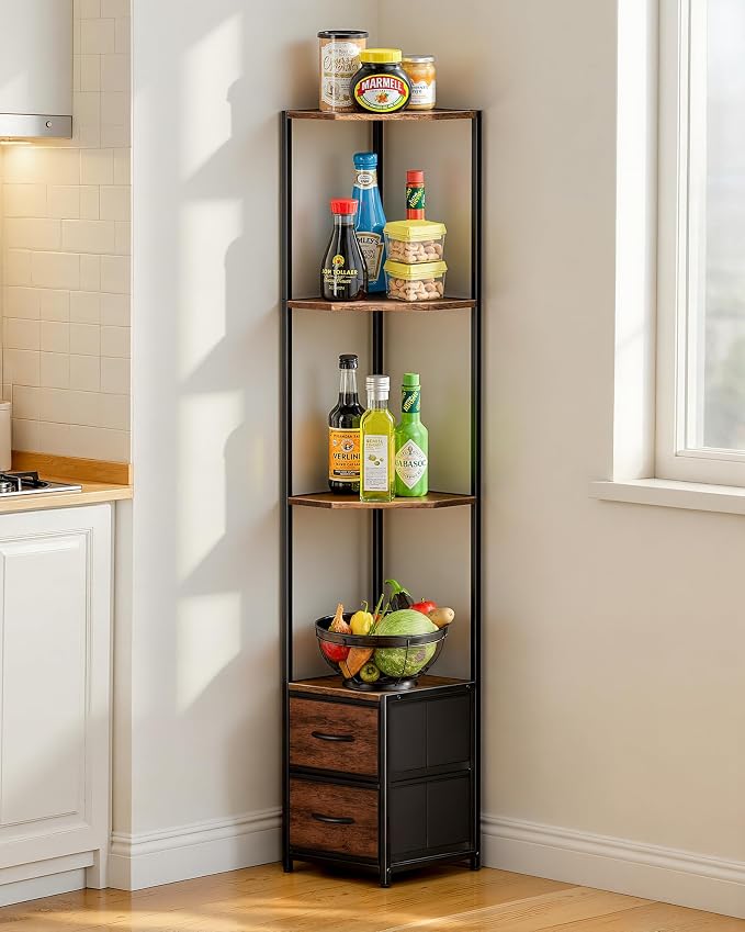 Housolution 6 Tier Corner Shelf Stand with Storage and Fabric Drawers,Brown | 63.4'' Tall Narrow Corner Bookshelf, Freestanding Corners Storage Shelf for Living Room Bedroom Small Space
