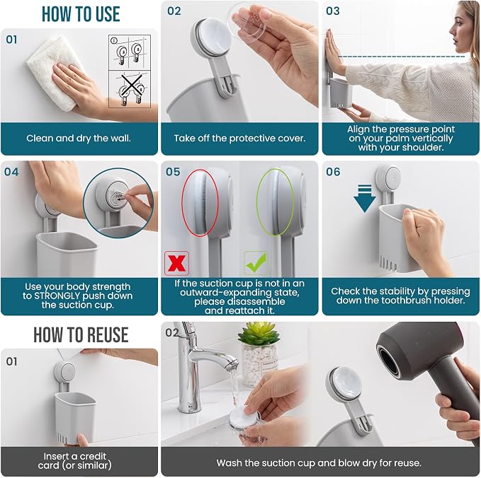 TAILI Suction Cup Toothbrush Holders for Bathroom Wall 2Pack, Gray | Shower Toothbrush and Toothpaste Holder, Drill-Free 1S Installtion, Removable Powerful Suction Cup Organizer, Self-draining