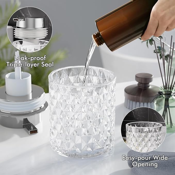 Glass Bathroom Accessories Set 5Pcs Crystal Clear- Foaming Soap Dispenser, Soap Dish, Cup, Acrylic Toothbrush Holder with Tray Organizer, Cotton Swab Jar, Bathroom Counter Set Sink Decor