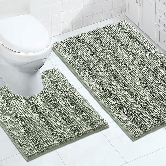 Turquoize Chenille Bathroom Rugs Set Non-Slip Bath Mats for Bathroom Super Absorbent Shaggy Rugs for Tub Shower Toilet Plush Bath Rug Plus U Contour Rug (Oversized: 24" x 36" and 20" x 24" U), Sage