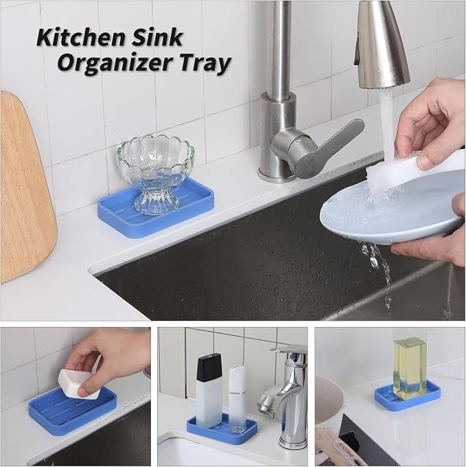 MicoYang Silicone Kitchen Sink Organizer Tray for Multiple Usage,Easy Clean Sponges Holder for Kitchen Bathroom Counter or Sink,Dish Soap Dispenser,Scrubber,Bottle,Cup Lichen Blue 4.9”x 3.2”