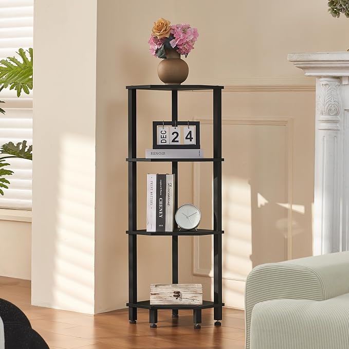 YUFAM 4-Tier Corner Shelf, Black | Wooden Corner Bookshelf for Small Spaces, Corner Standing Shelf with Sturdy 5-Leg Base