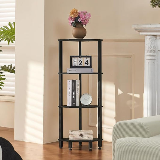YUFAM 4-Tier Corner Shelf, Black | Wooden Corner Bookshelf for Small Spaces, Corner Standing Shelf with Sturdy 5-Leg Base